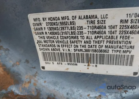 2005 Honda Odyssey Touring from USA, damaged, VIN 5FNRL38815B036962